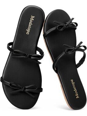 Women's Black Faux Leather Flat Cute Bow Sandals Fashion Slip On Summer Shoes